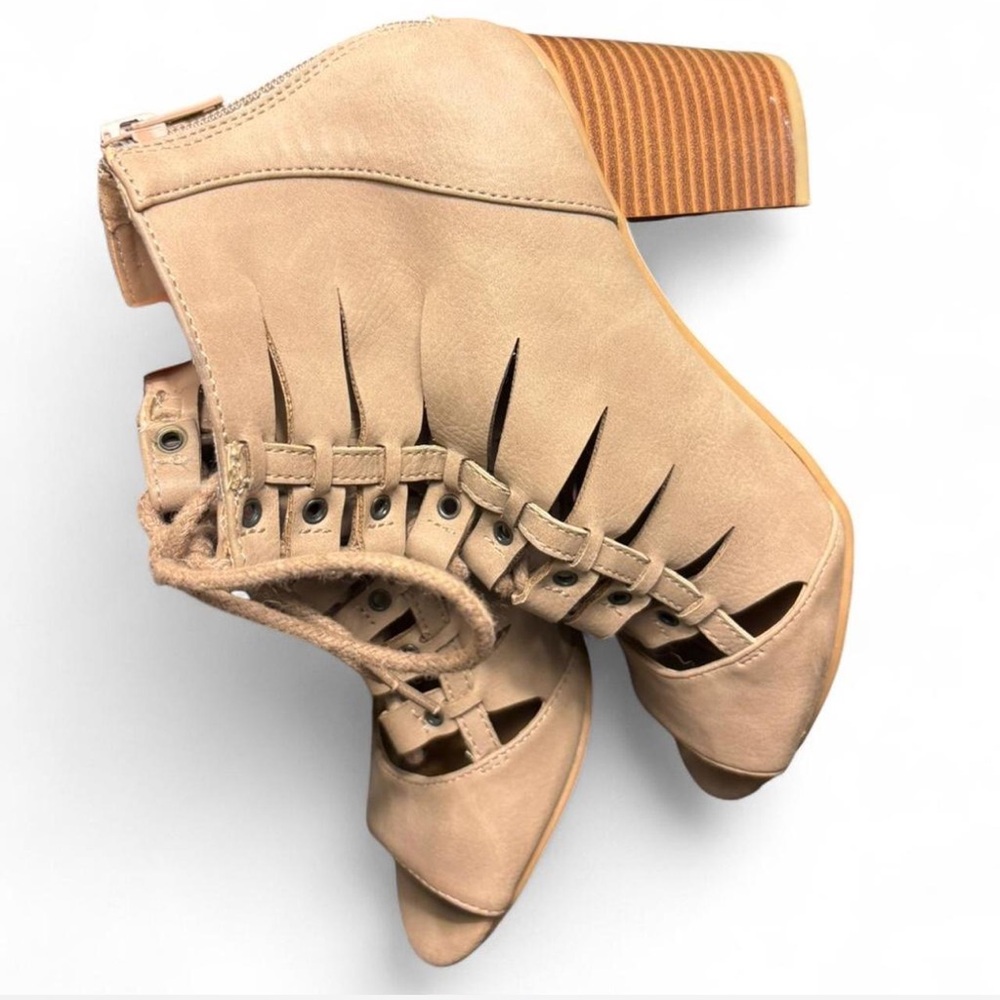 Tan suede peep toe wooden heel lace up bootie western boho chic ankle boot 6m - Picture 3 of 6